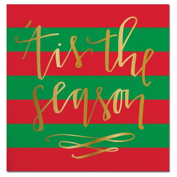Red and Green Stripe Gold Foil Tis the Season Beverage Paper Napkins - Picture 1 of 1